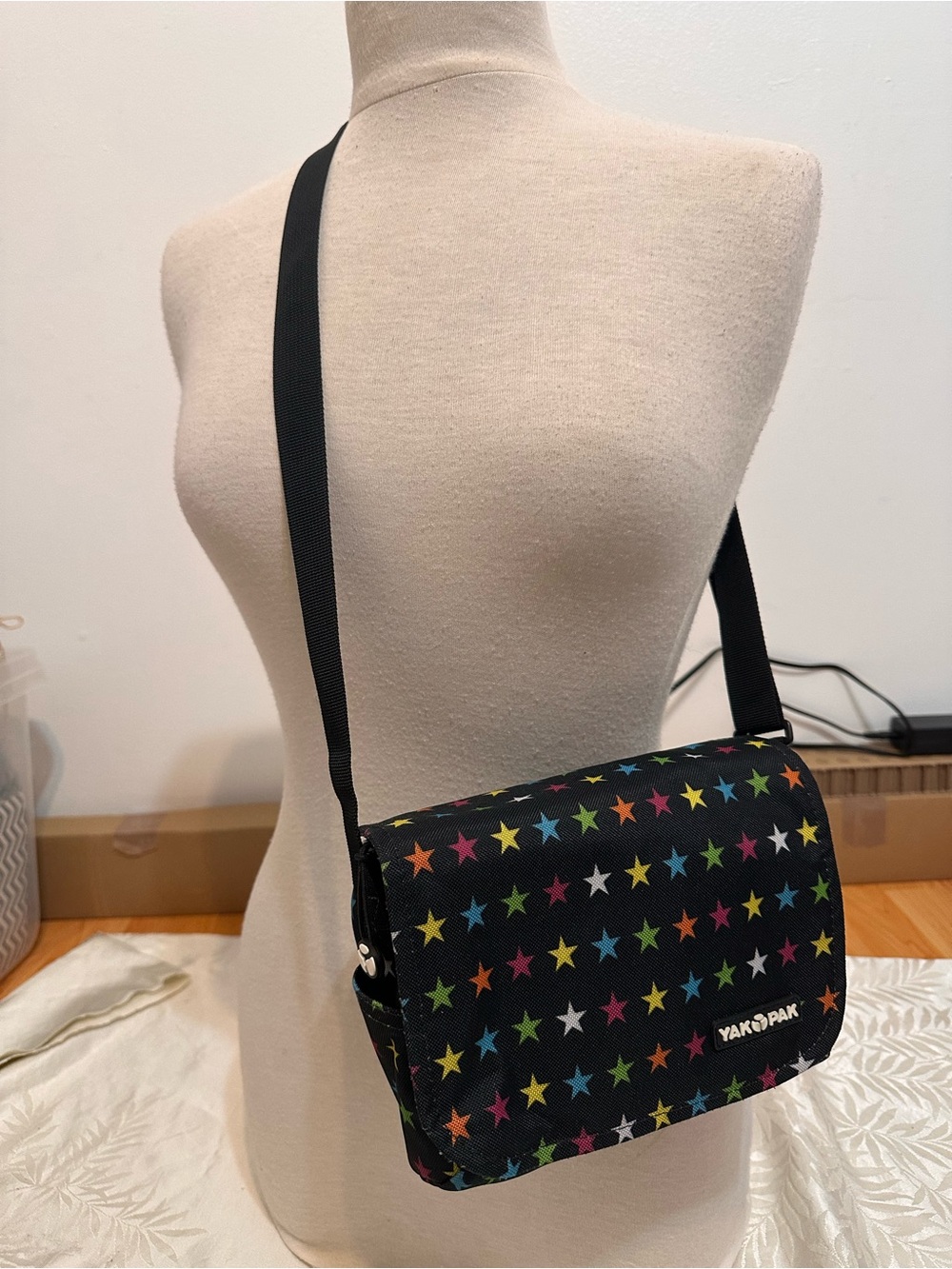 YAK PAK Black Crossbody Bag with Multicolor Stars